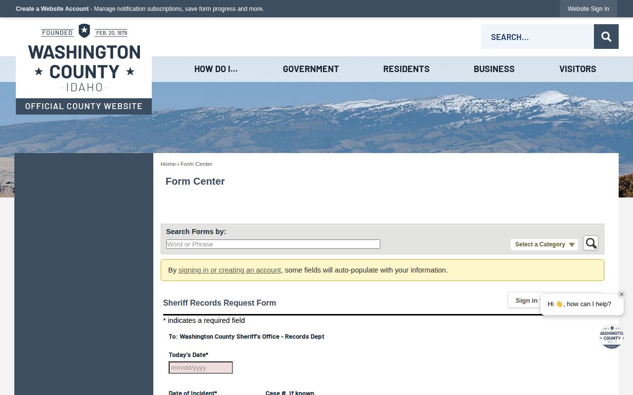 Washington County official online records request form for booking records